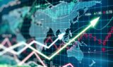 Business chart with glowing arrows and world map